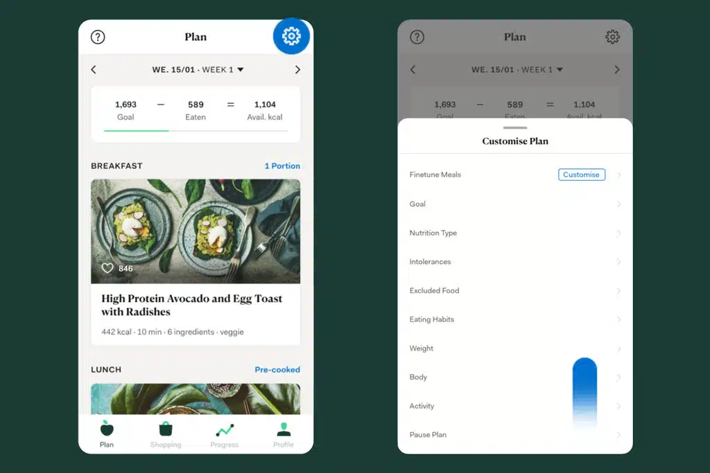 Customise plan on upfit meal planner