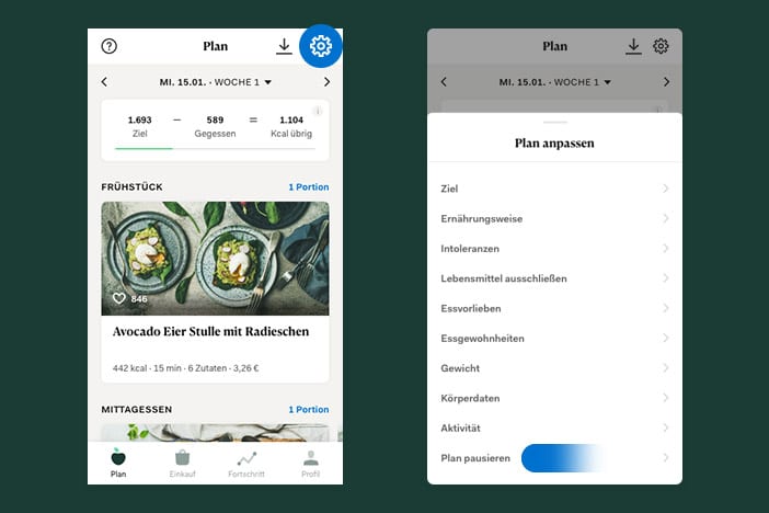 Upfit App - Ernährungsplan pausieren