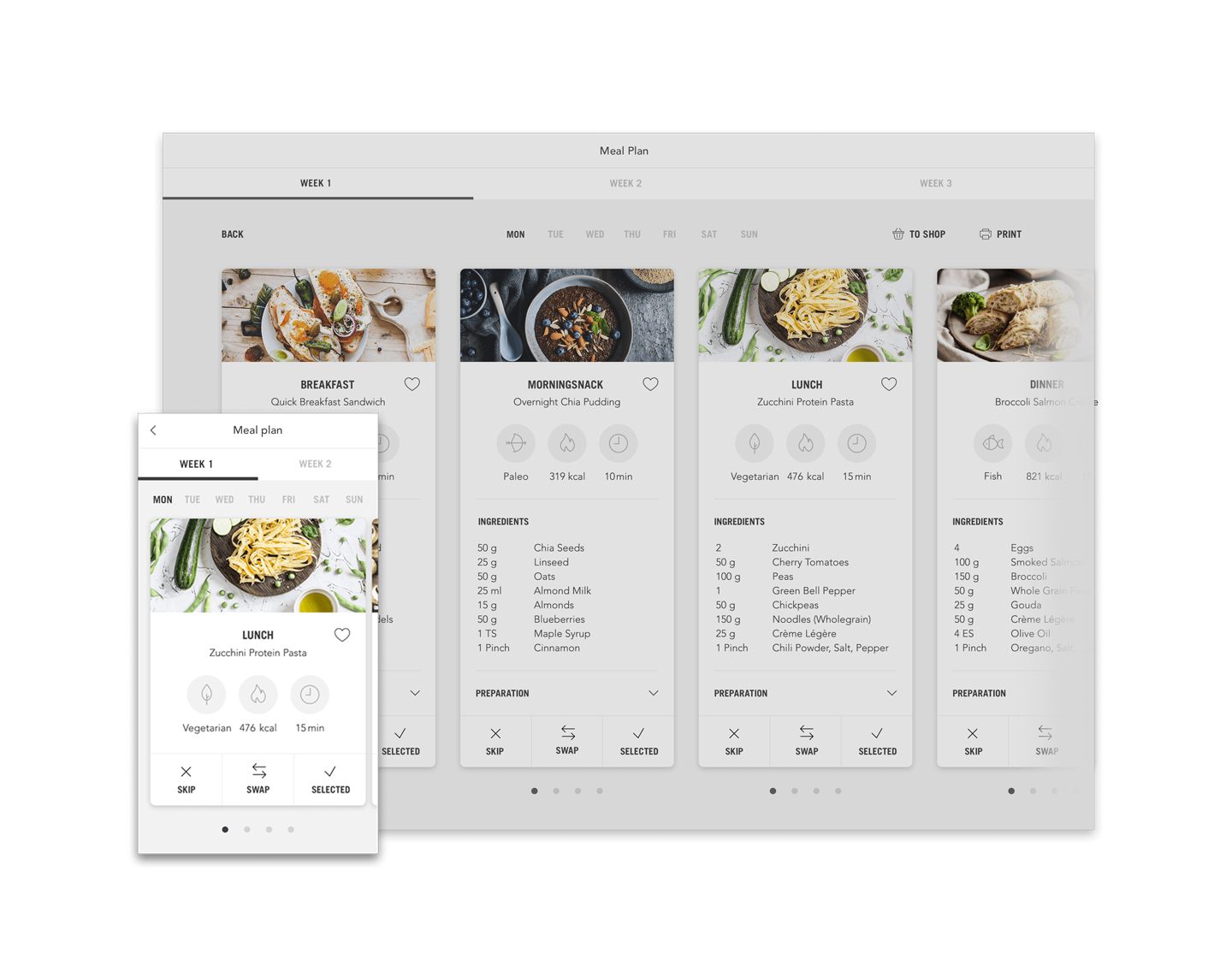 Example of an Upfit meal plan on desktop and mobile